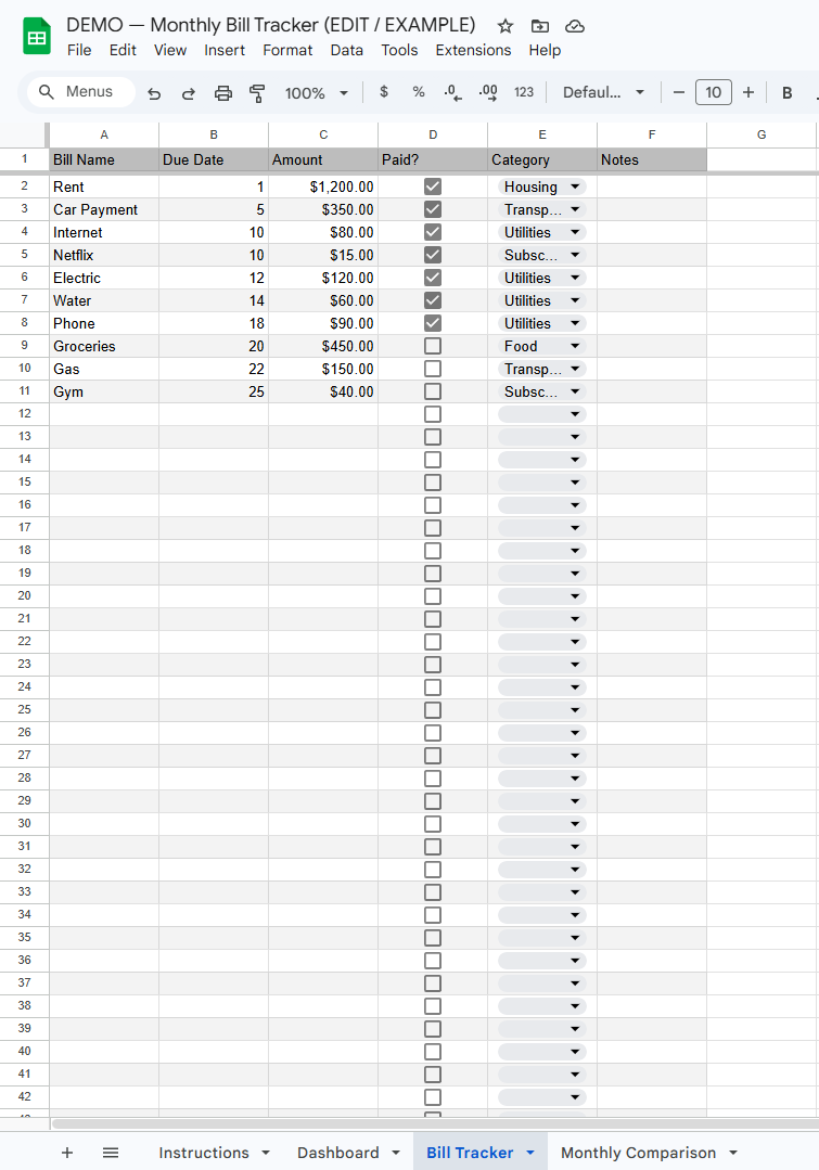 Monthly Bill Dashboard